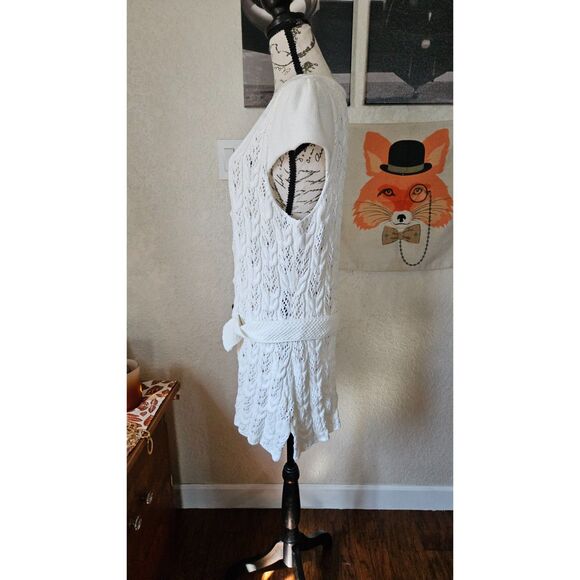 Heather B Crochet Belted Button Up Cardigan White Women's L - Picture 4 of 6